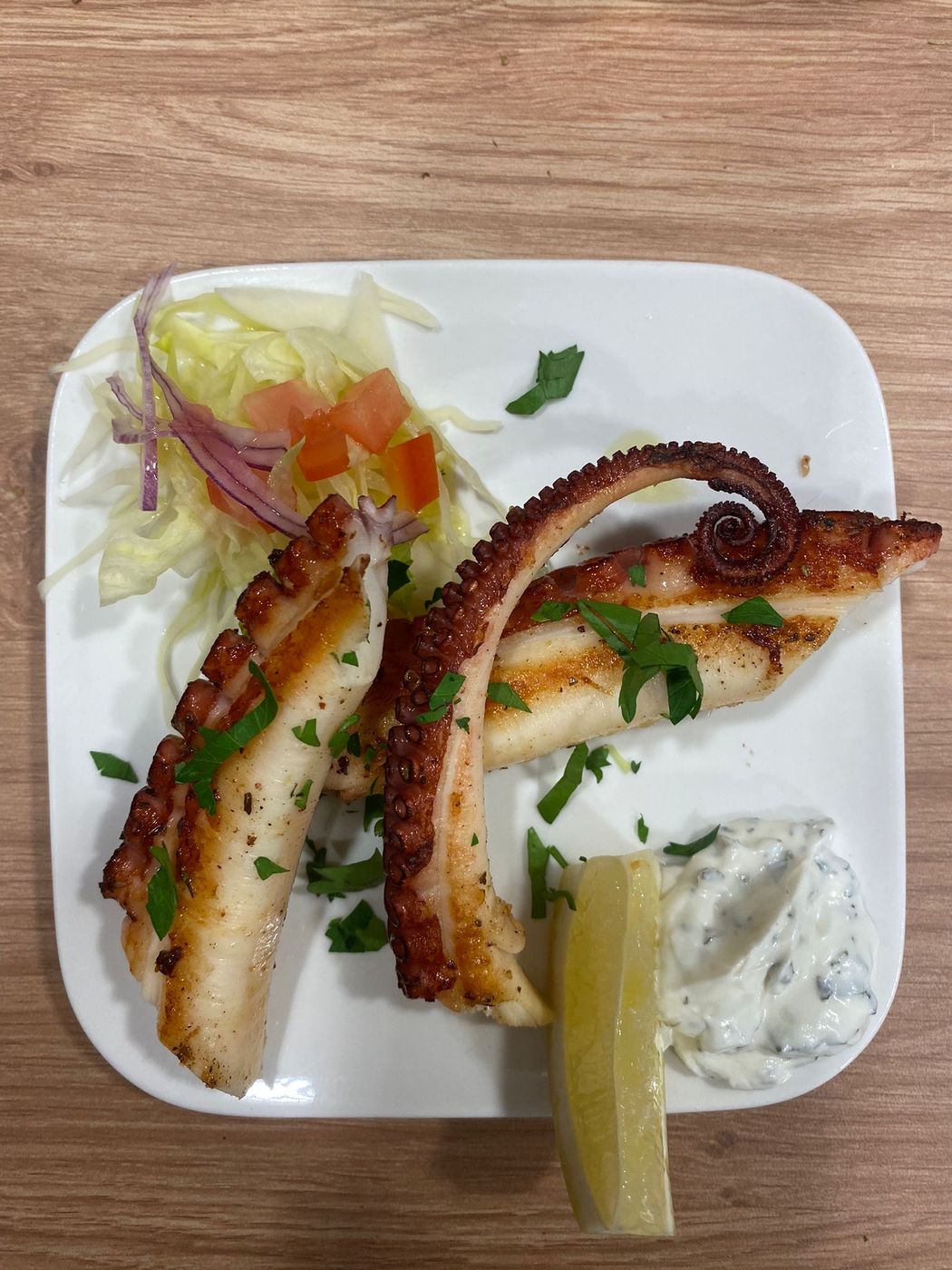 Poulpe grillé servi avec salade et tzatziki